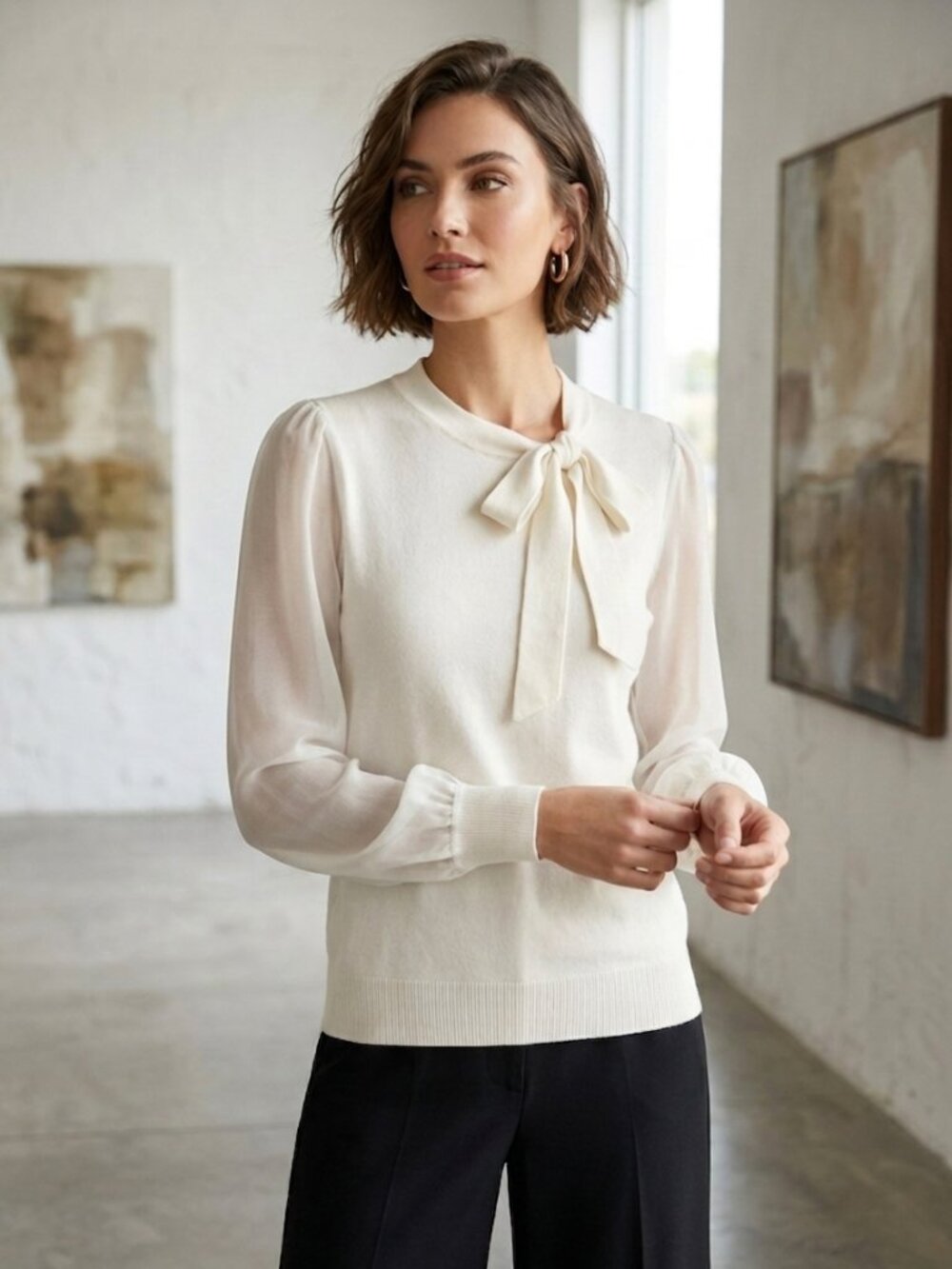 CeCe White Sheer-Sleeve Tie-Neck Sweater in Size Medium